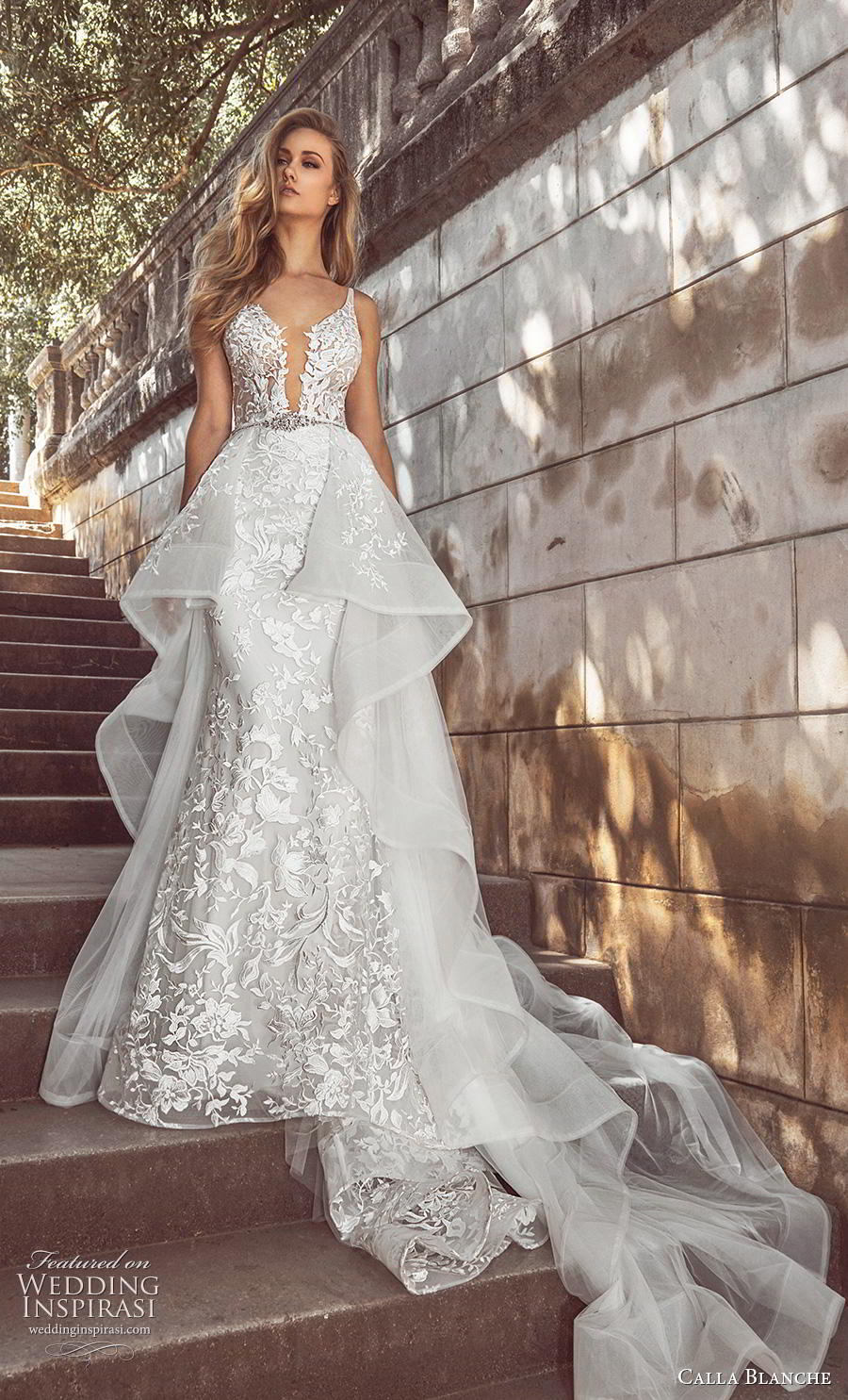 calla blanche fall 2018 bridal sleeveless thin strap deep plunging v neck full embellishment elegant peplum fit and flare wedding dress backless chapel train (11) mv