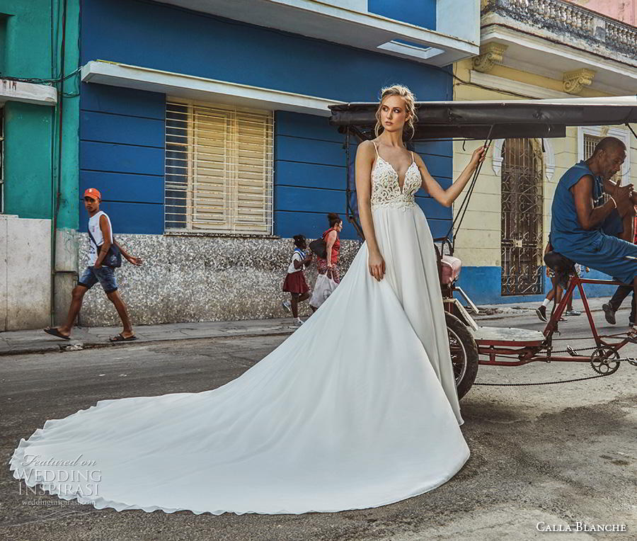 calla blanche fall 2018 bridal spaghetti strap deep plunging sweetheart neckline heavily embellished bodice romantic a  line wedding dress backless v back royal train (19) mv