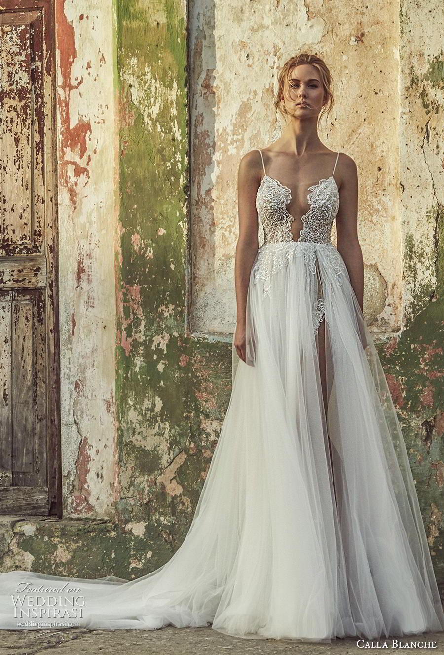 calla blanche fall 2018 bridal spaghetti strap deep plunging v neck heavily embellished bodice tulle slit skirt romantic sexy a  line wedding dress backless v back chapel train (15) mv