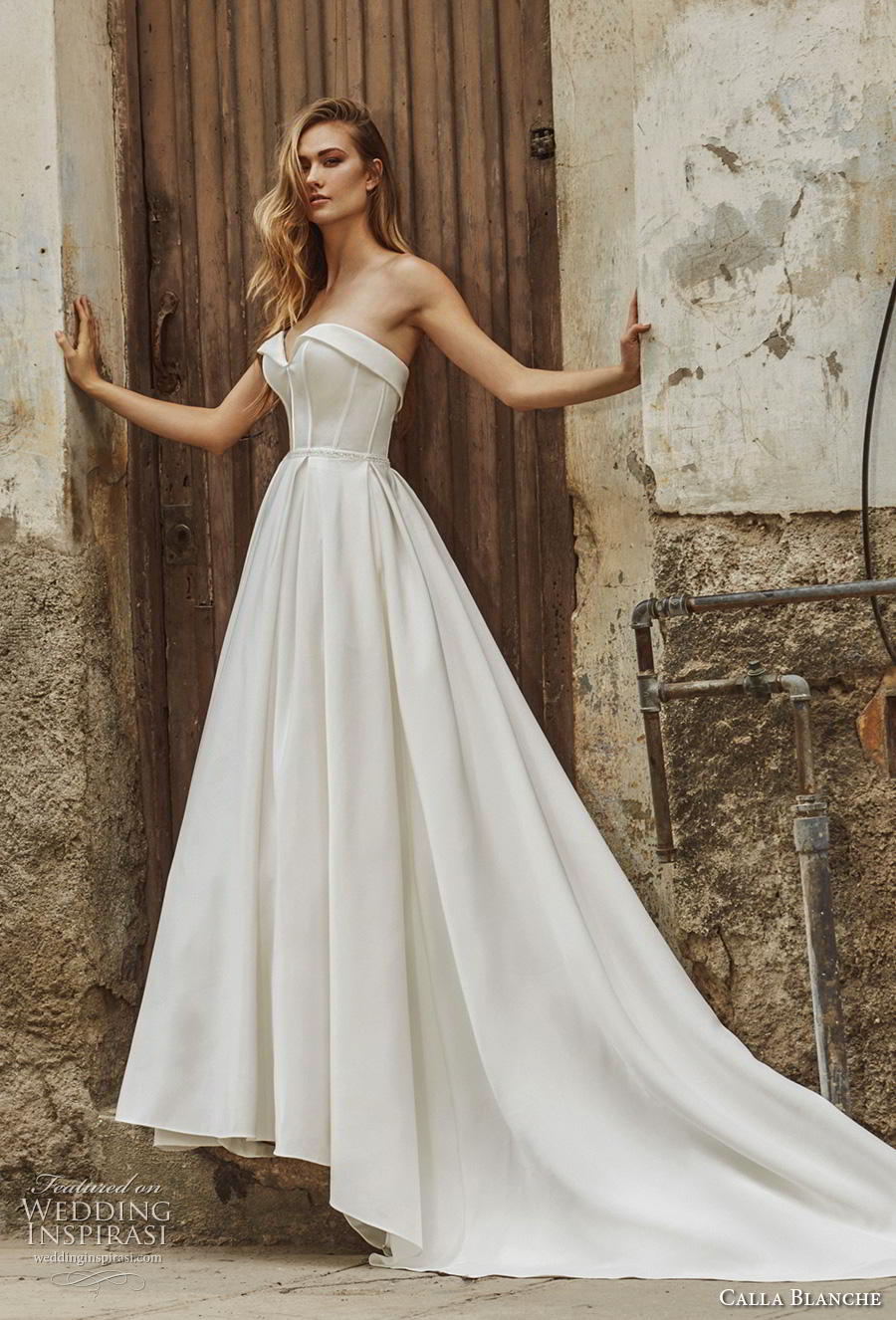 calla blanche fall 2018 bridal strapless sweetheart neckline simple elegant a  line wedding dress with pockets chapel train (10) mv