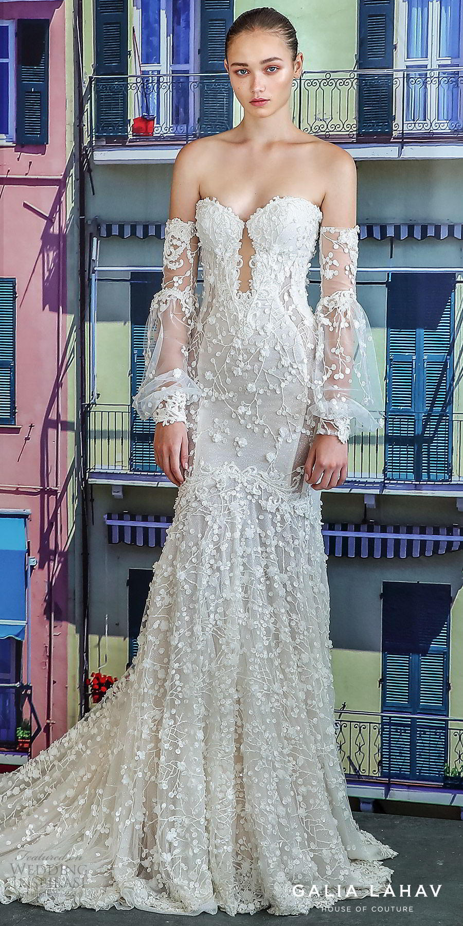 galia lahav fall 2019 bridal detached illusion bell sleeves sweetheart keyhole bodice fully embroidered lace mermaid wedding dress cathedral train illusion back (camilla) lv