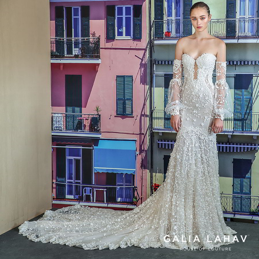 galia lahav fall 2019 bridal detached illusion bell sleeves sweetheart keyhole bodice fully embroidered lace mermaid wedding dress cathedral train illusion back (camilla) mv