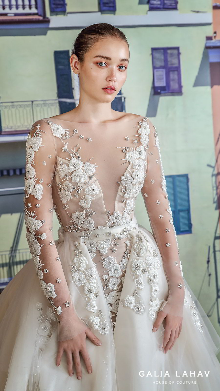 galia lahav fall 2019 bridal illusion long sleeves sheer bateau plunging sweetheart neckline sheath mermaid wedding dress ball gown overskirt low back romantic princess (nevis) zv 