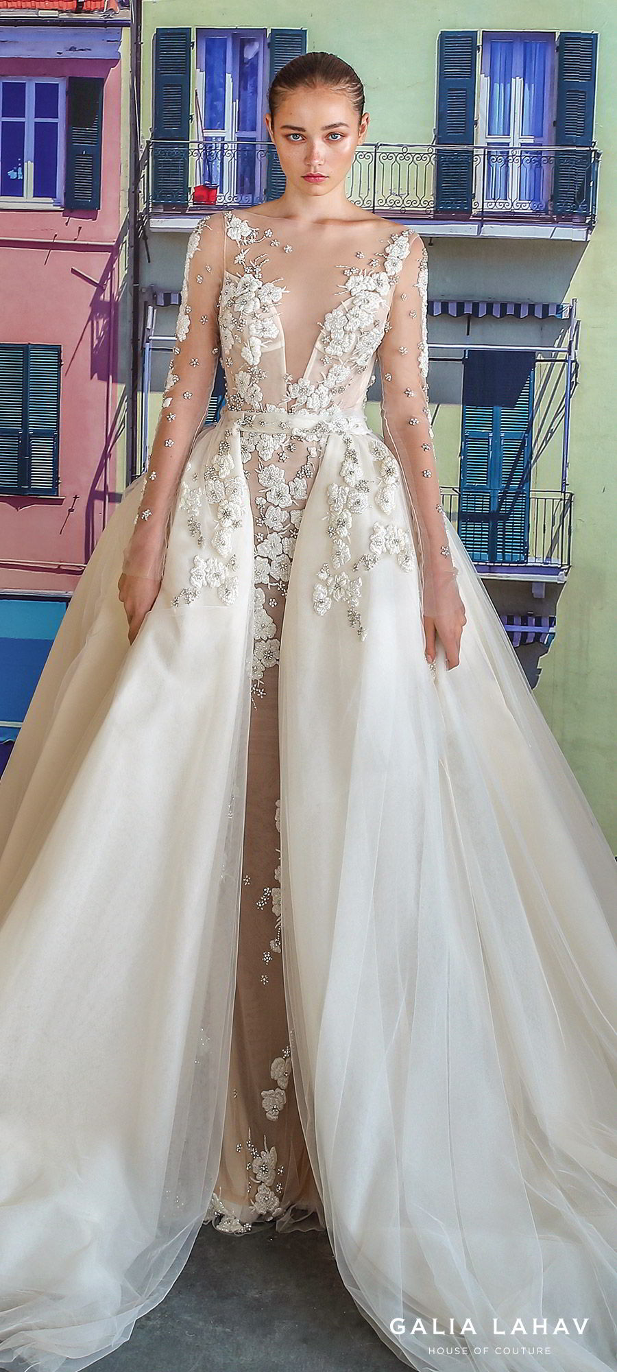 galia lahav fall 2019 bridal illusion long sleeves sheer bateau plunging sweetheart neckline sheath mermaid wedding dress ball gown overskirt low back romantic princess (nevis) zv