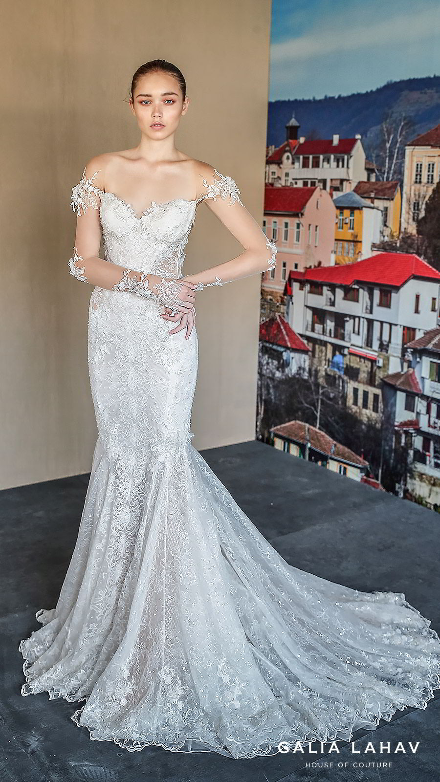 galia lahav fall 2019 bridal illusion long sleeves sweetheart neckline fit flare heavily embellished mermaid lace wedding dress chapel train elegant romantic (nissa) mv 