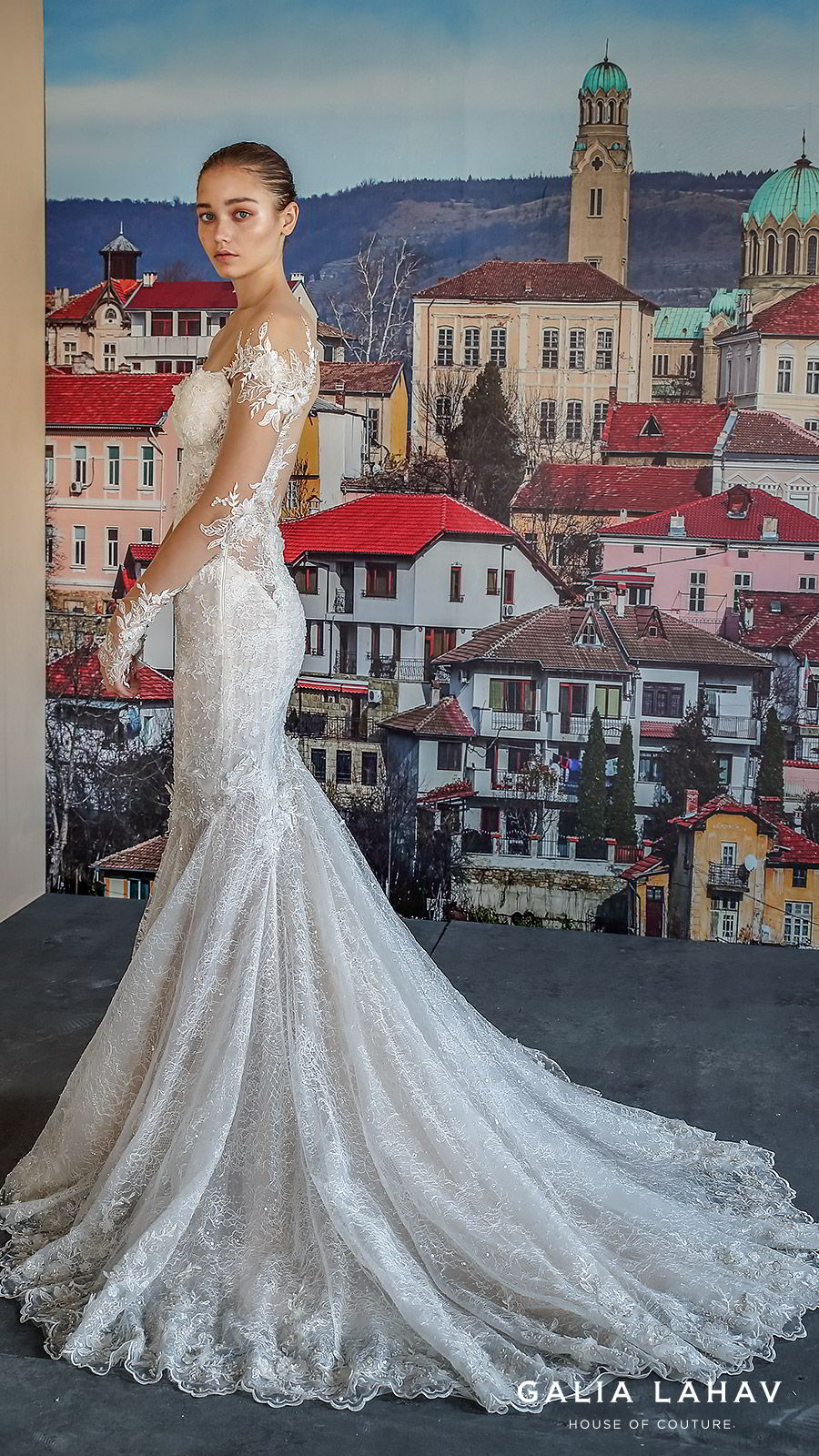 galia lahav fall 2019 bridal illusion long sleeves sweetheart neckline fit flare heavily embellished mermaid lace wedding dress chapel train elegant romantic (nissa) sv