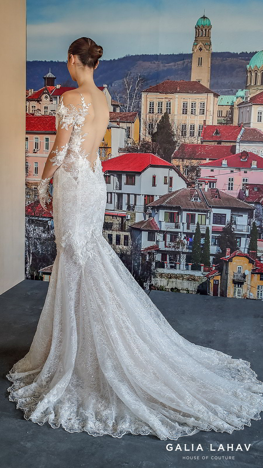 galia lahav fall 2019 bridal illusion long sleeves sweetheart neckline fit flare heavily embellished mermaid lace wedding dress open back chapel train elegant romantic (nissa) bv