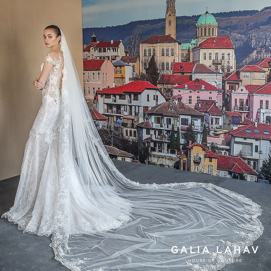 galia lahav fall 2019 bridal illusion long sleeves sweetheart neckline fit flare heavily embellished mermaid lace wedding dress open back chapel train elegant romantic veil (nissa) bv