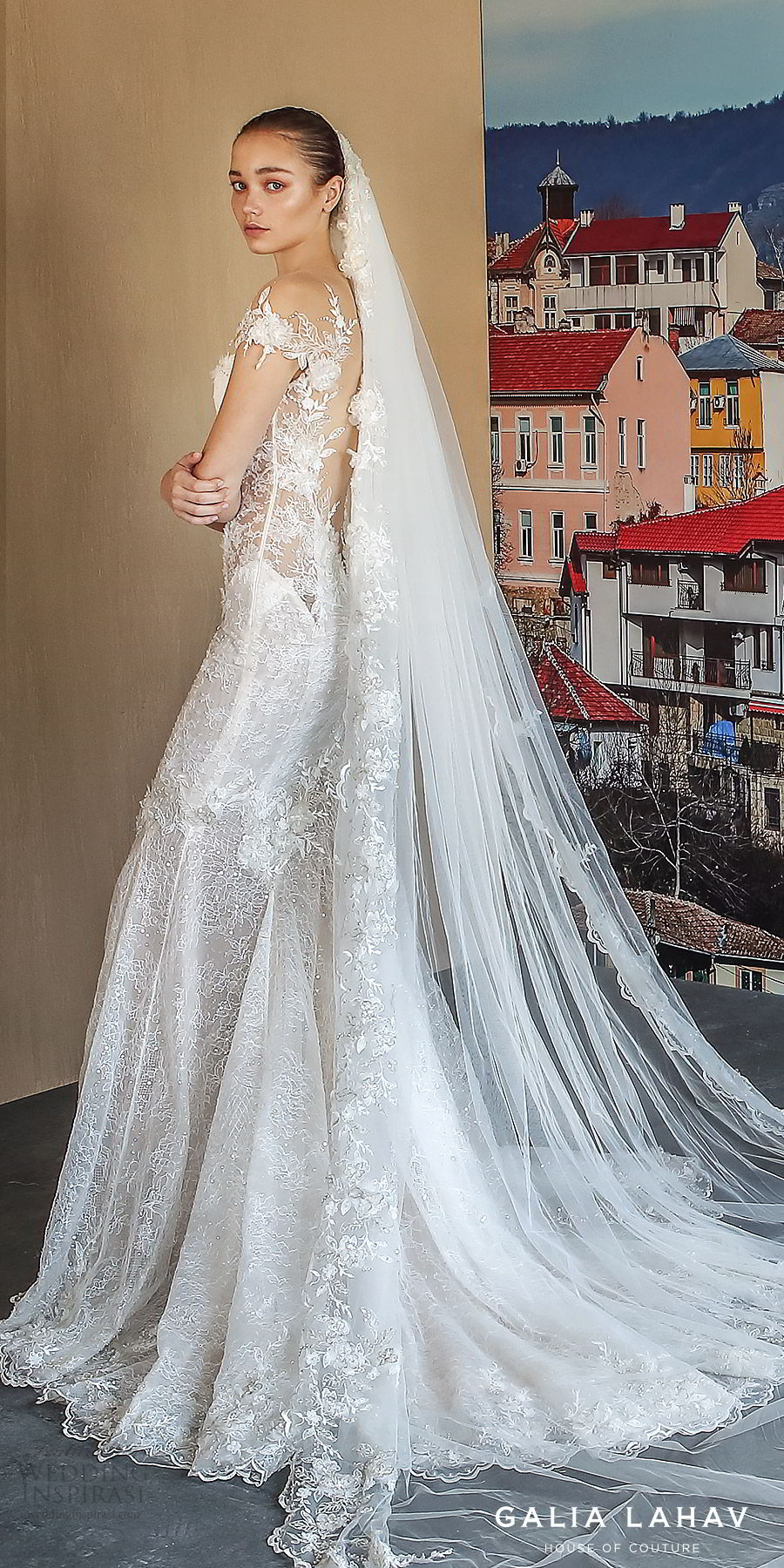 galia lahav fall 2019 bridal illusion long sleeves sweetheart neckline fit flare heavily embellished mermaid lace wedding dress open back chapel train elegant romantic veil (nissa) zbv