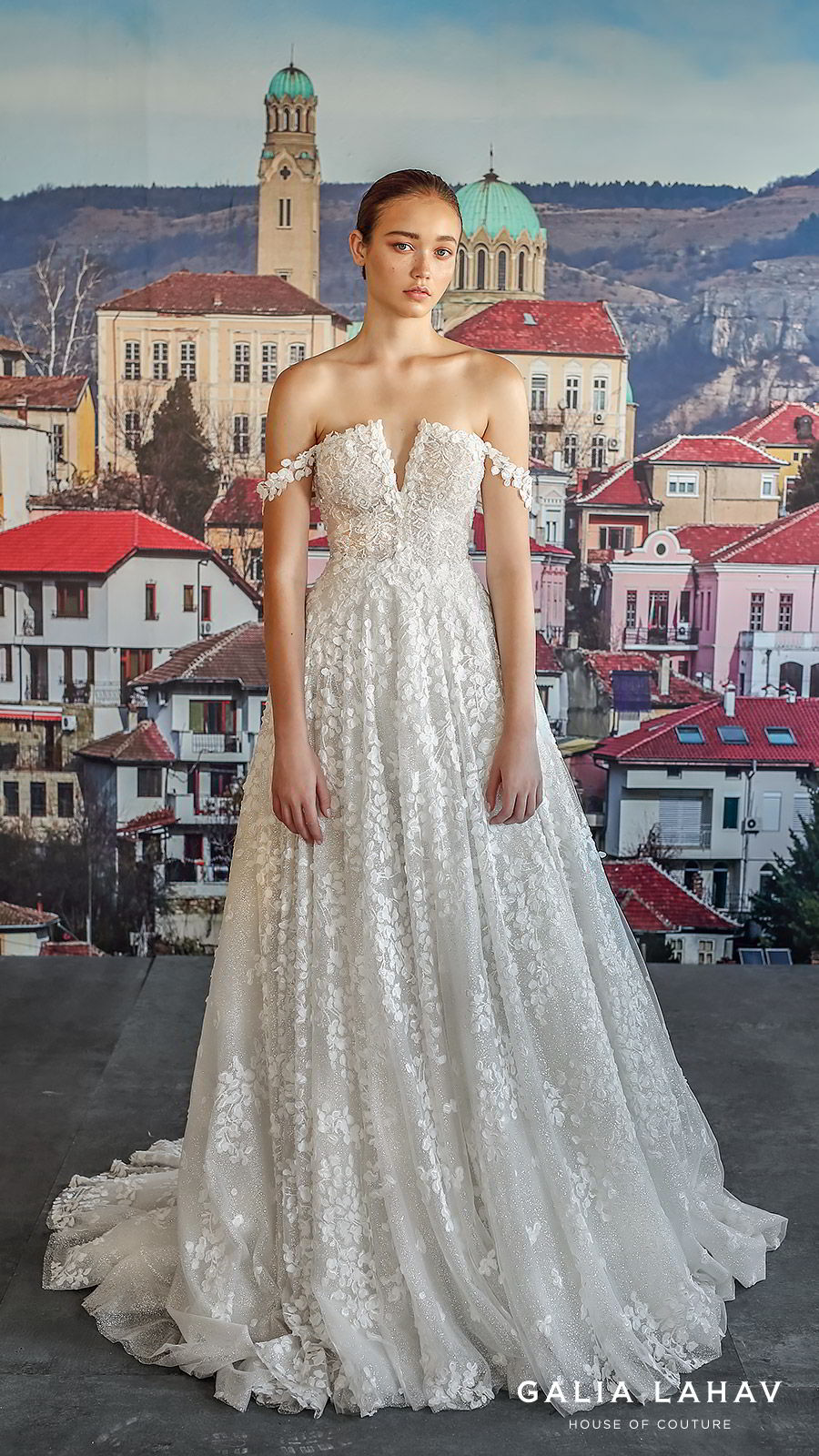 galia lahav fall 2019 bridal off shoulder embellished straps split neckline fully embellished lace a line ball gown wedding dress chapel train romantic (solange) mv