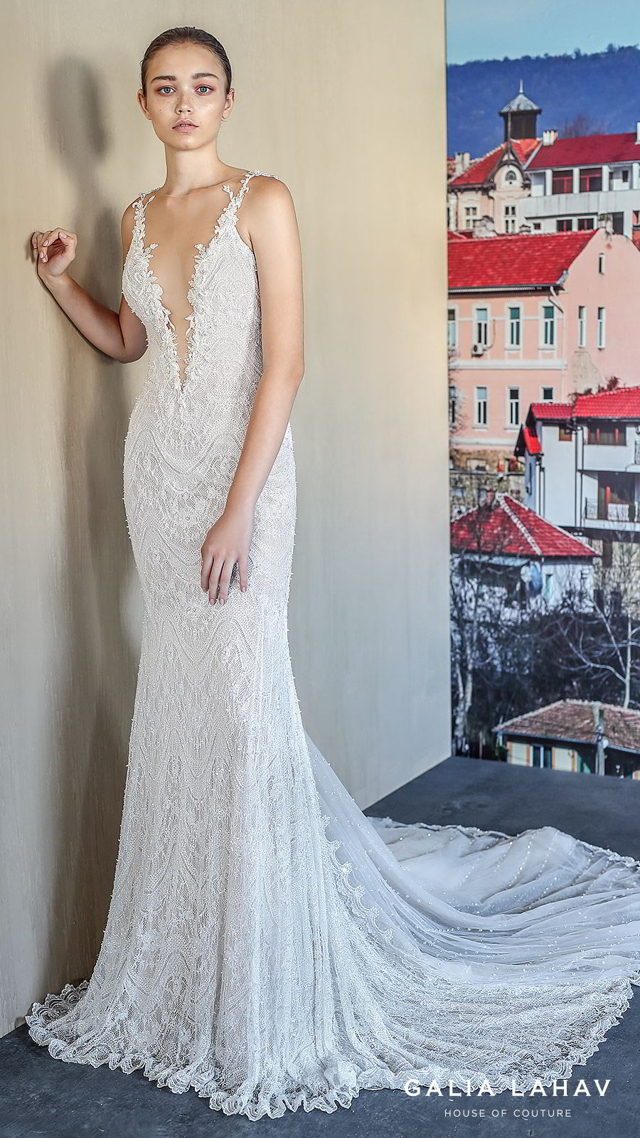 galia lahav fall 2019 bridal sleeveless plunging v neckline fully embellished lace sheath wedding dress low back chapel train (amani) mv