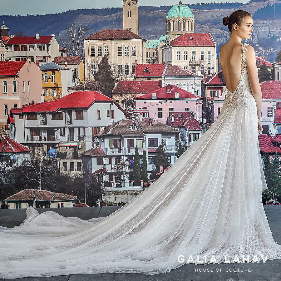 galia lahav fall 2019 bridal sleeveless plunging v neckline fully embellished lace sheath wedding dress low back chapel train overskirt (amani) sv