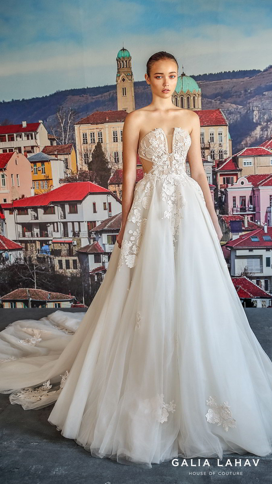 galia lahav fall 2019 bridal strapless split neckline embellished bodice side cutout ball gown wedding dress chapel train romantic elegant (querida) mv