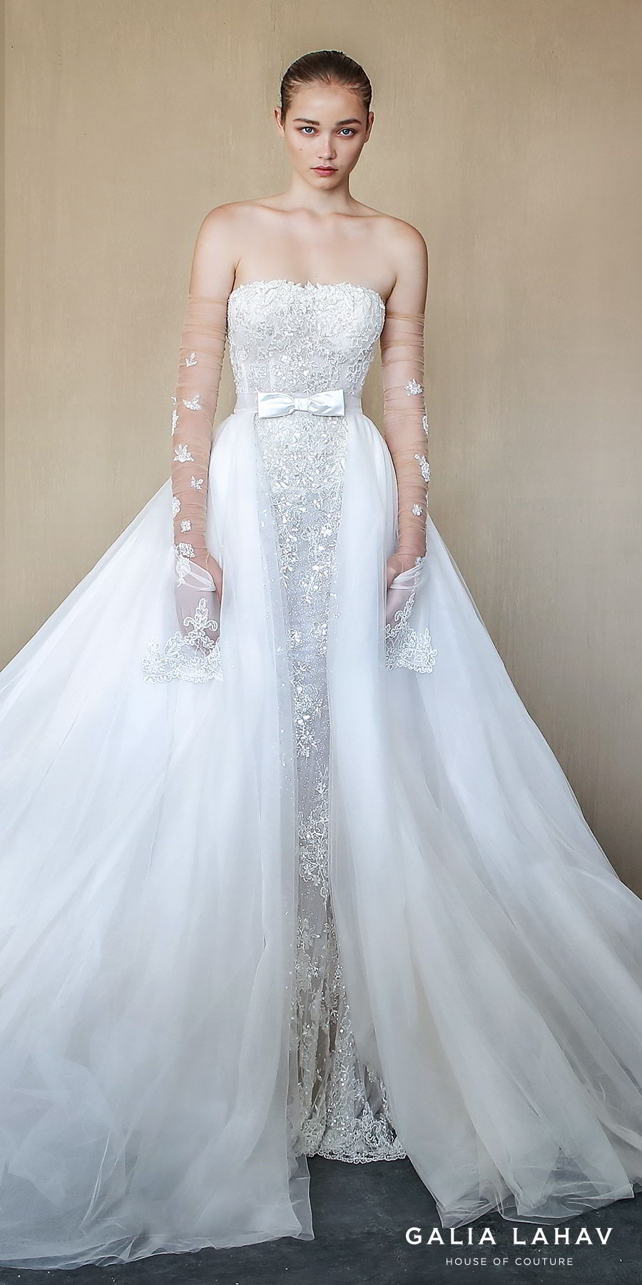 galia lahav fall 2019 bridal strapless straight across lace sheath mermaid wedding dress chapel train illusion a line overskirt gloves pockets elegant romantic (alba) zv