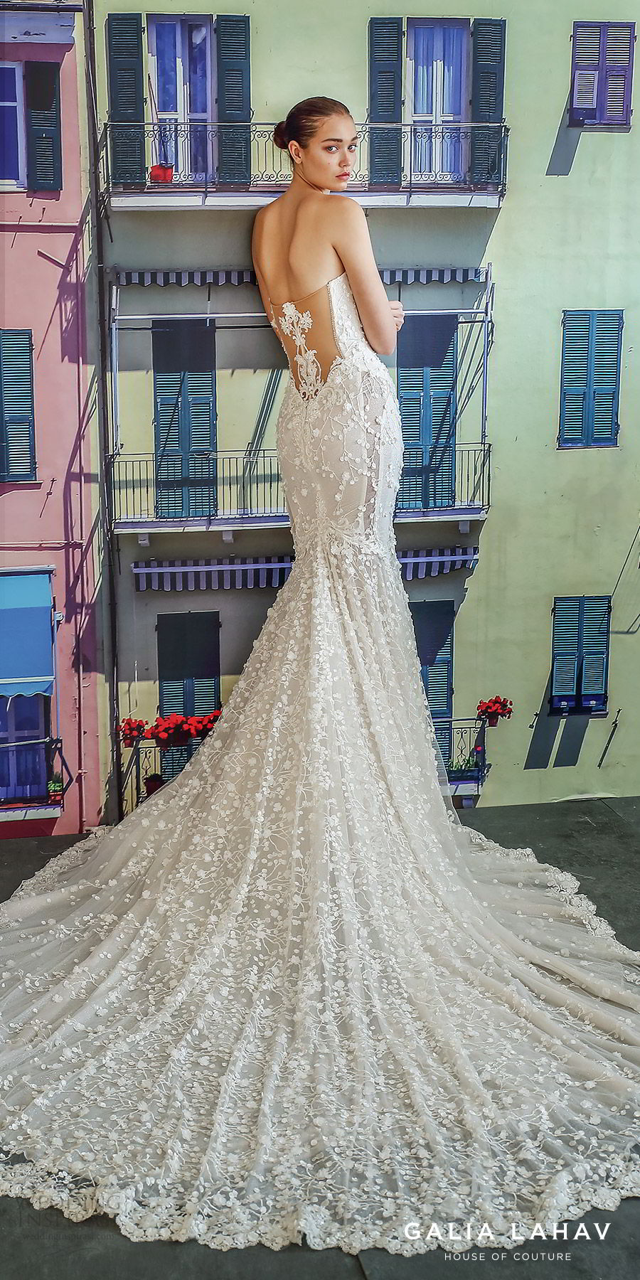 galia lahav fall 2019 bridal strapless sweetheart keyhole bodice fully embroidered lace mermaid wedding dress cathedral train illusion back (camilla) bv