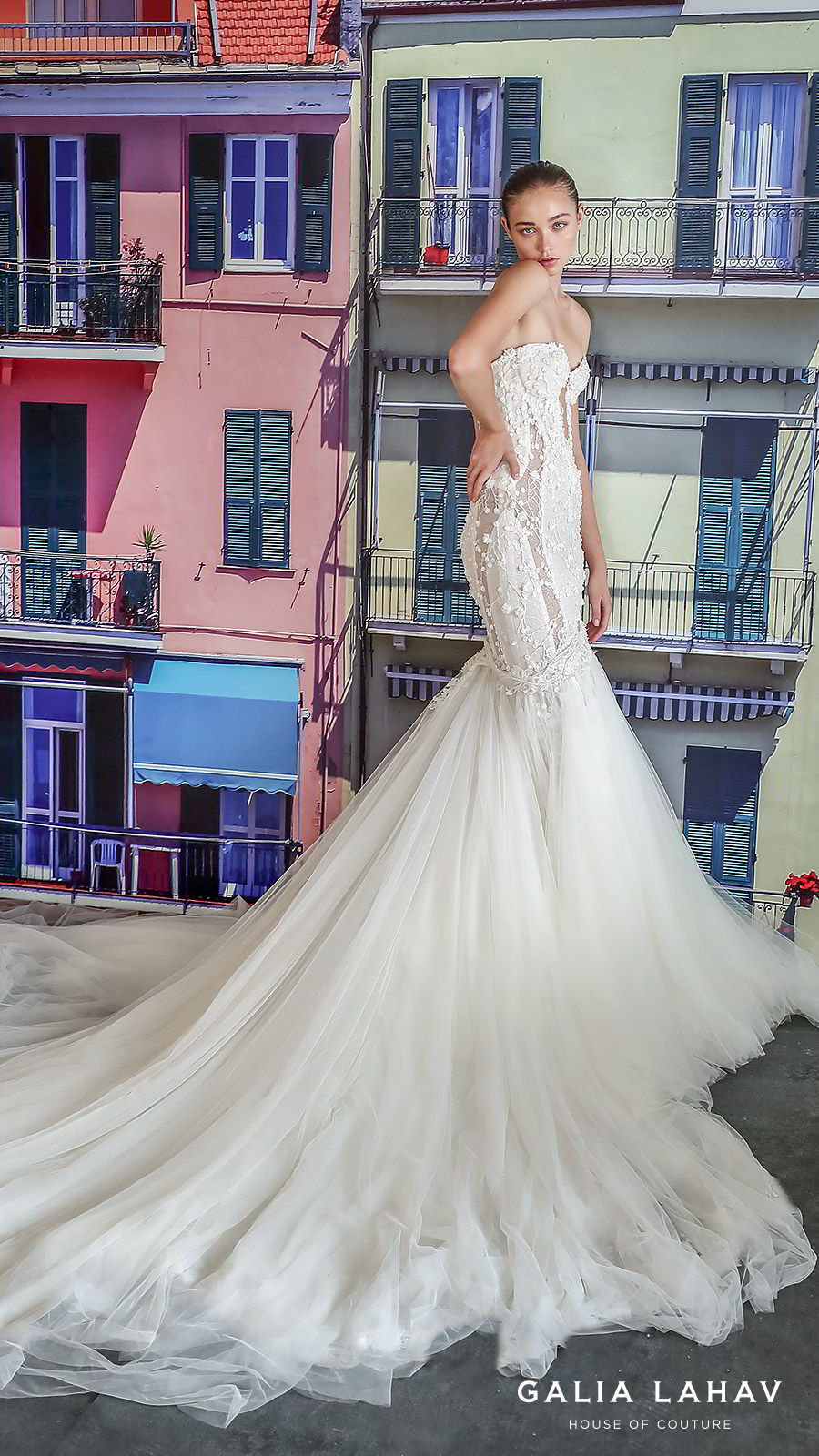 galia lahav fall 2019 bridal strapless sweetheart keyhole bodice fully embroidered lace mermaid wedding dress cathedral train illusion back overskirt (camilla) mv