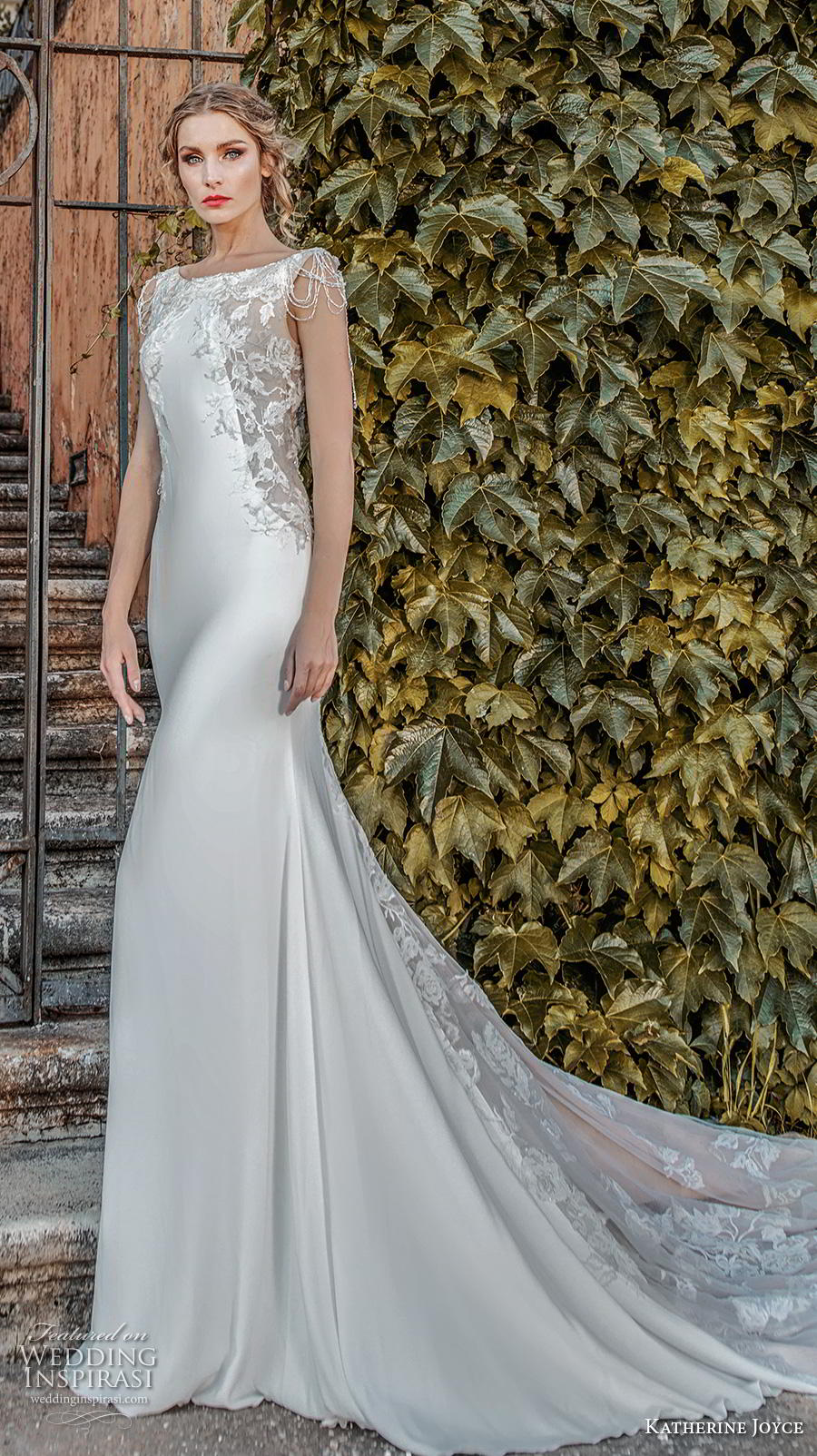 katherine joyce 2019 bridal cap sleeves bateau neck heavily embellished bodice elegant fit and flare sheath wedding dress v back chapel train (13) mv