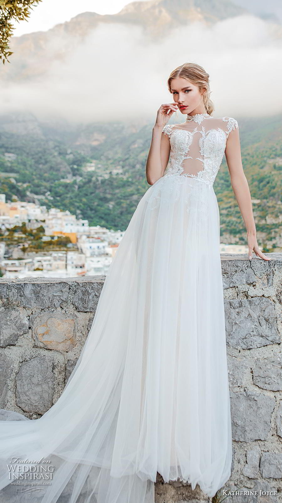 katherine joyce 2019 bridal cap sleeves illusion high neck heavily embellished bodice glamorous romantic a  line wedding dress sheer button back chapel train (8) mv