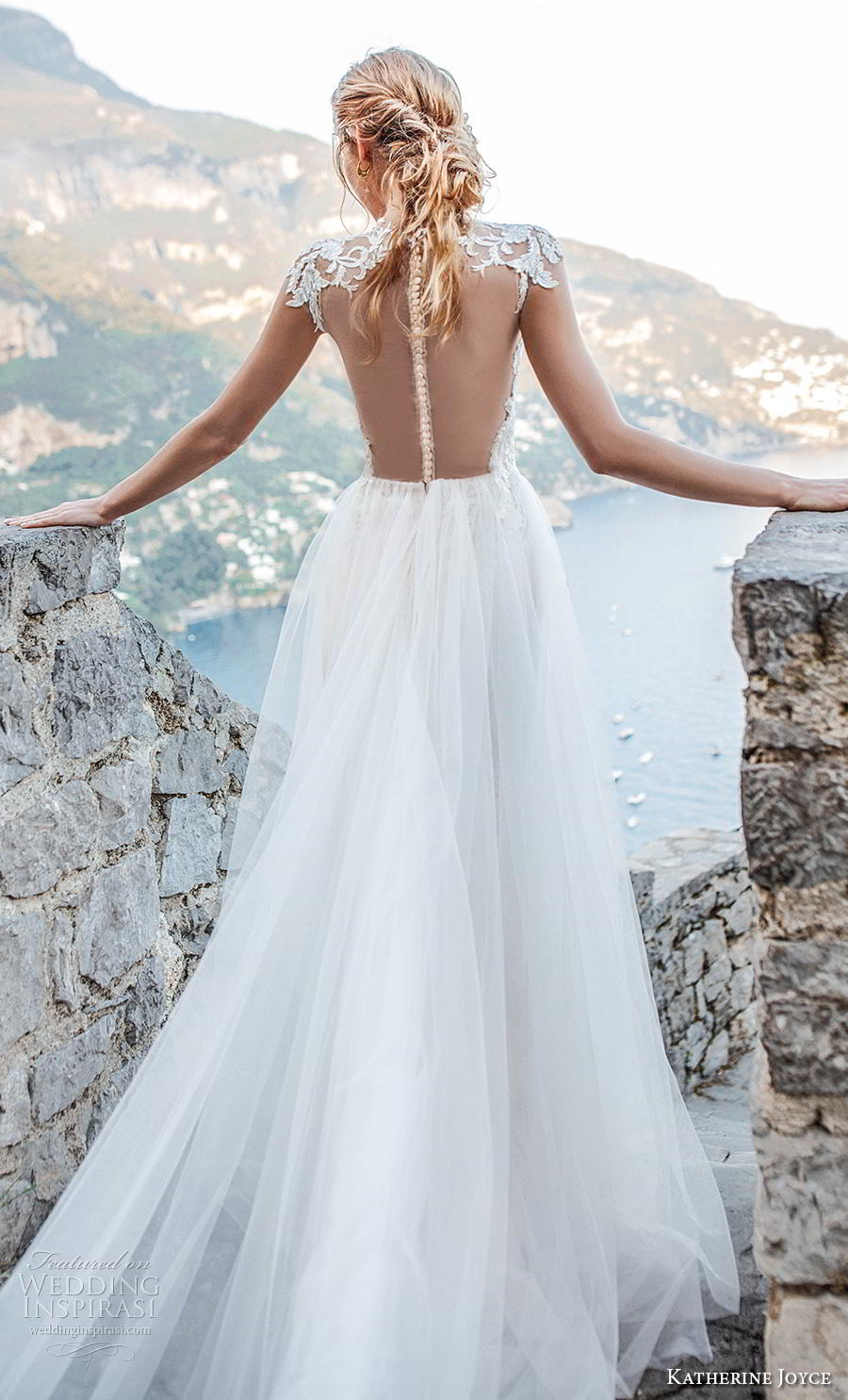 katherine joyce 2019 bridal cap sleeves illusion high neck heavily embellished bodice glamorous romantic a  line wedding dress sheer button back chapel train (8) zbv