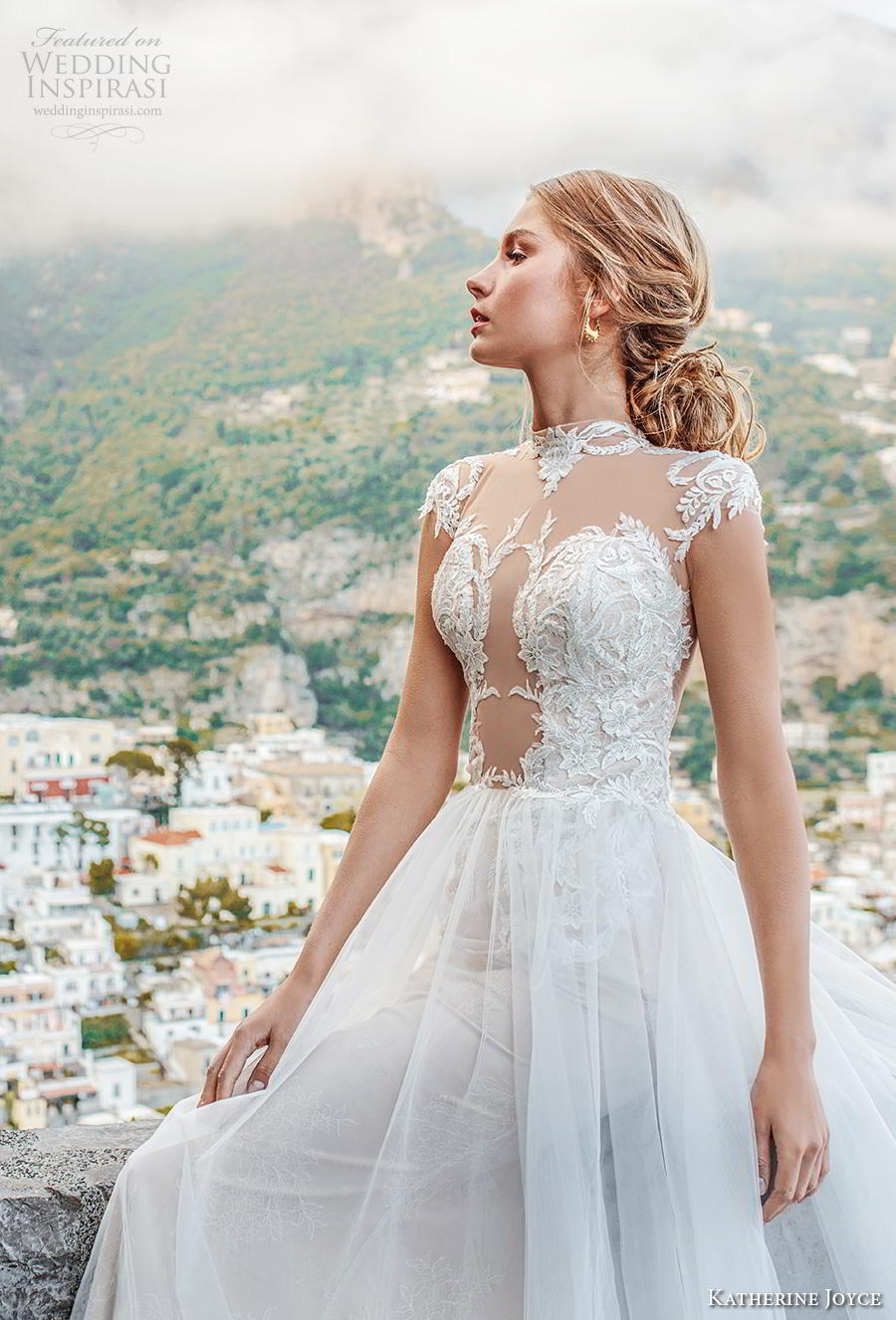 katherine joyce 2019 bridal cap sleeves illusion high neck heavily embellished bodice glamorous romantic a  line wedding dress sheer button back chapel train (8) zv