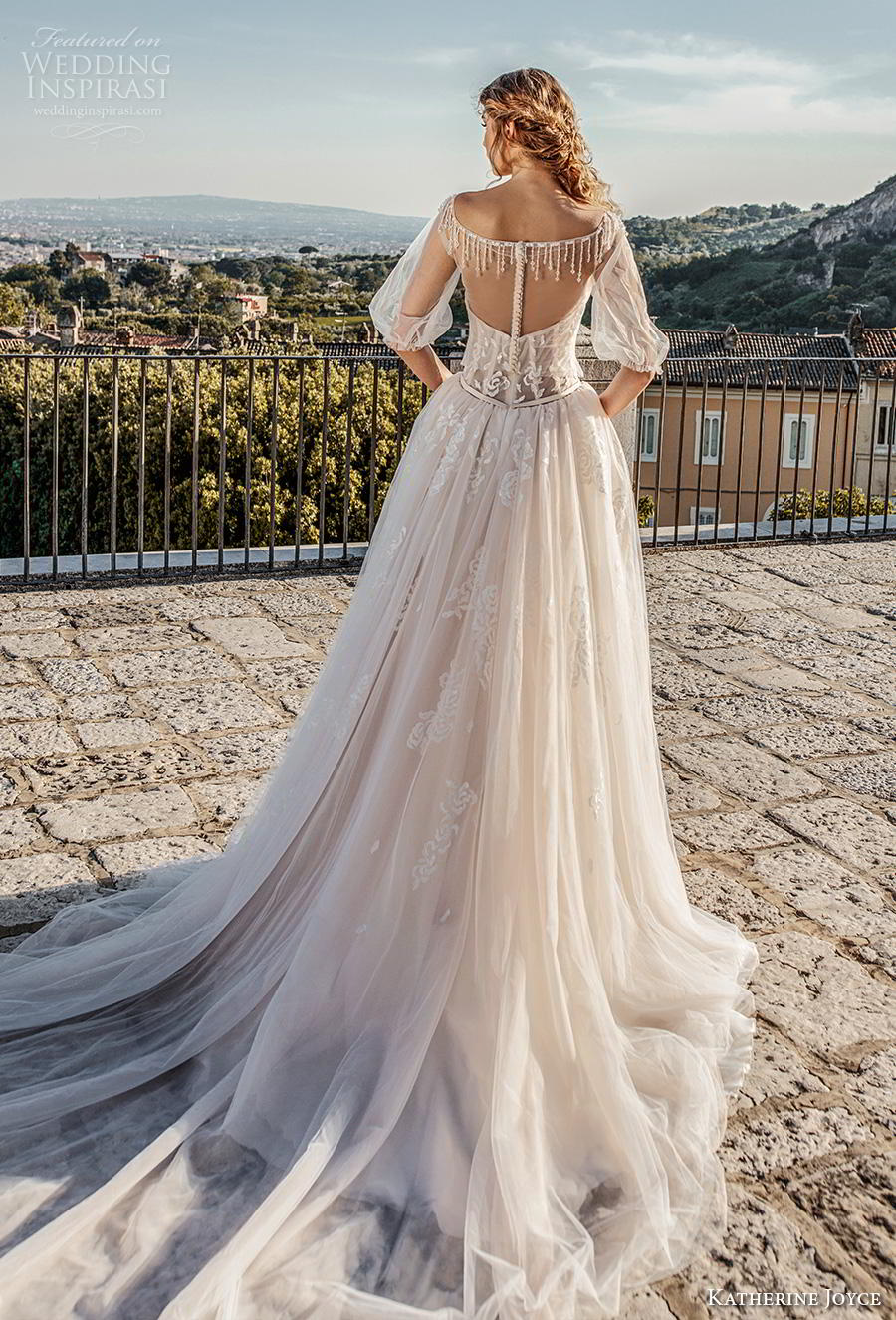 katherine joyce 2019 bridal half puff sleeves illusion bateau sweetheart neckline heavily embellished bodice romantic a  line wedding dress sheer button back chapel train (7) bv