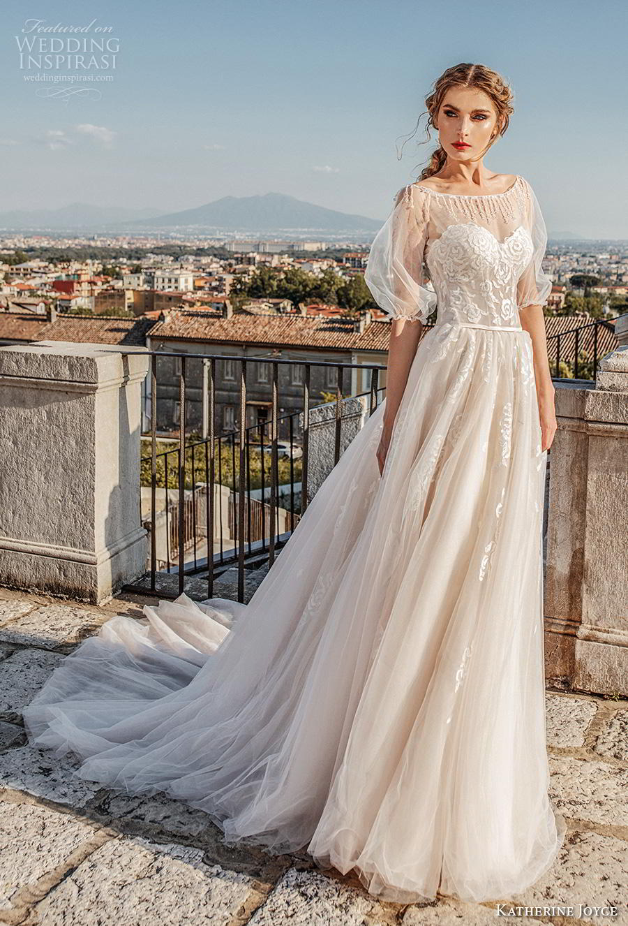 katherine joyce 2019 bridal half puff sleeves illusion bateau sweetheart neckline heavily embellished bodice romantic a  line wedding dress sheer button back chapel train (7) mv