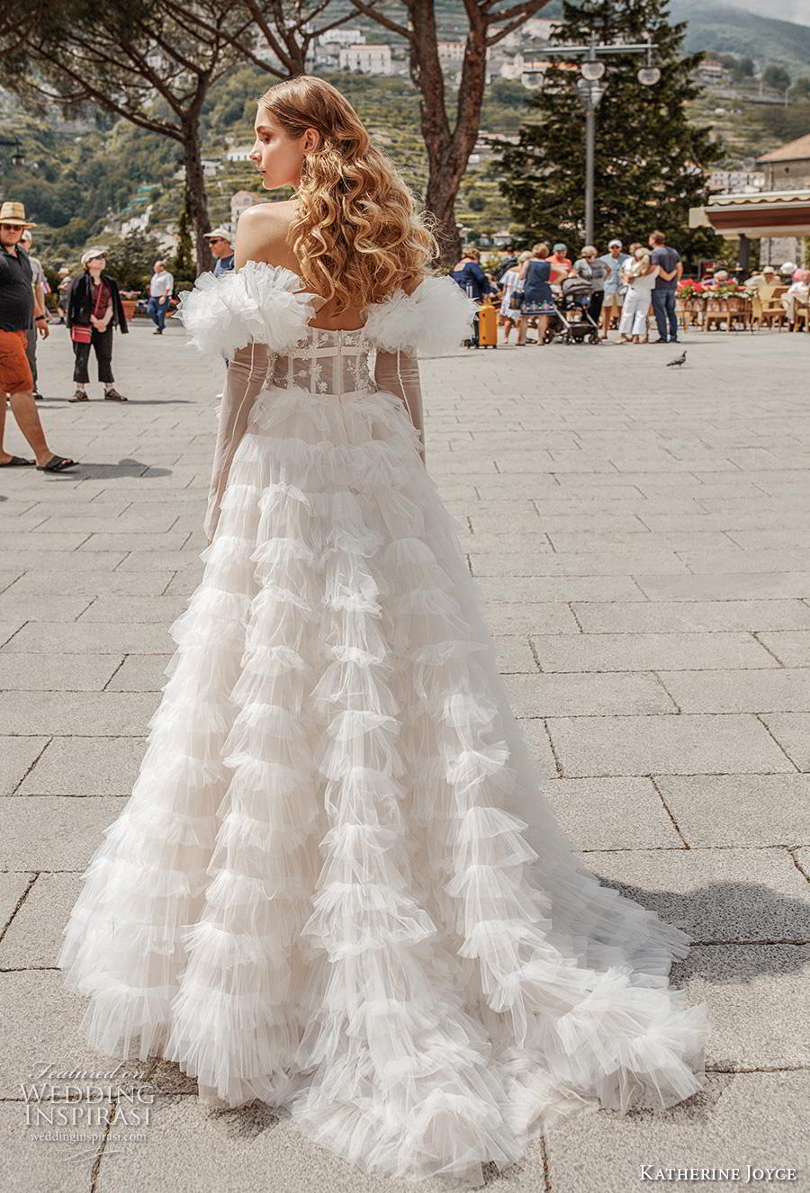 katherine joyce 2019 bridal long sleeves off the shoulder sweetheart neckline lightly embellished bodice tiered skirt romantic a  line wedding dress short train (6) bv