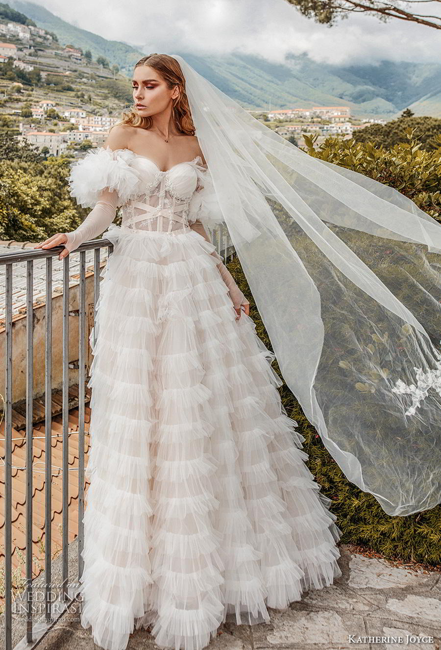 katherine joyce 2019 bridal long sleeves off the shoulder sweetheart neckline lightly embellished bodice tiered skirt romantic a  line wedding dress short train (6) mv