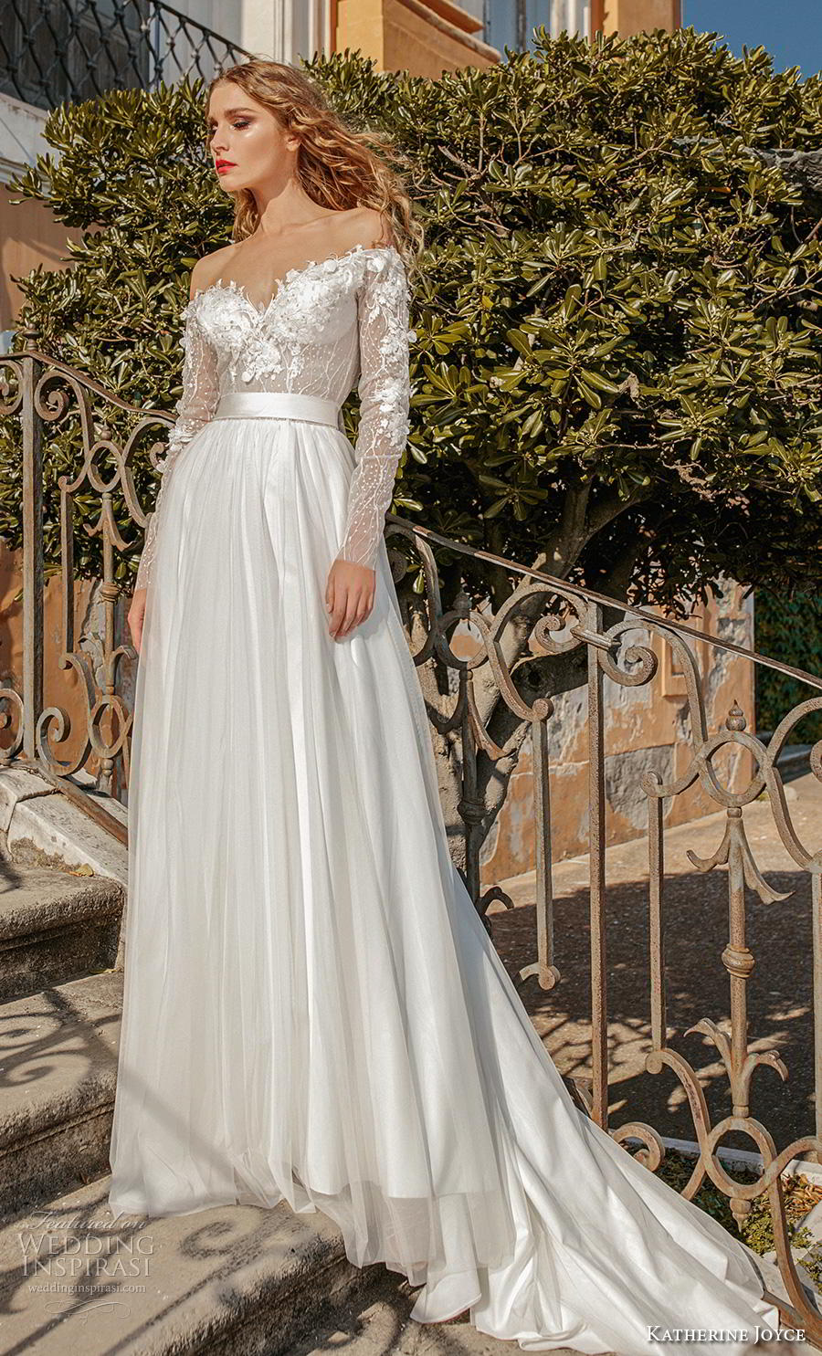 katherine joyce 2019 bridal long sleeves sweetheart neckline hevily embellished bodice satin skirt romantic modified a  line wedding dress v back chapel train (11) mv