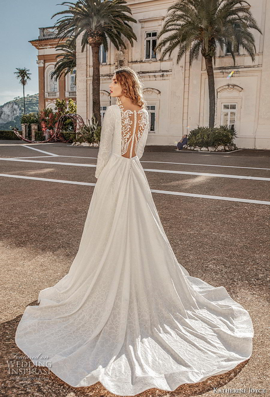 katherine joyce 2019 bridal long sleeves v neck full embellishment elegant princess a  line wedding dress sheer lace button back chapel train (12) bv