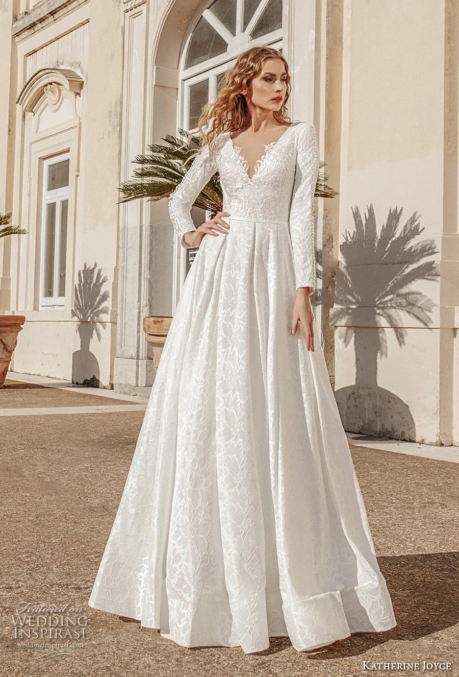 katherine joyce 2019 bridal long sleeves v neck full embellishment elegant princess a  line wedding dress sheer lace button back chapel train (12) mv