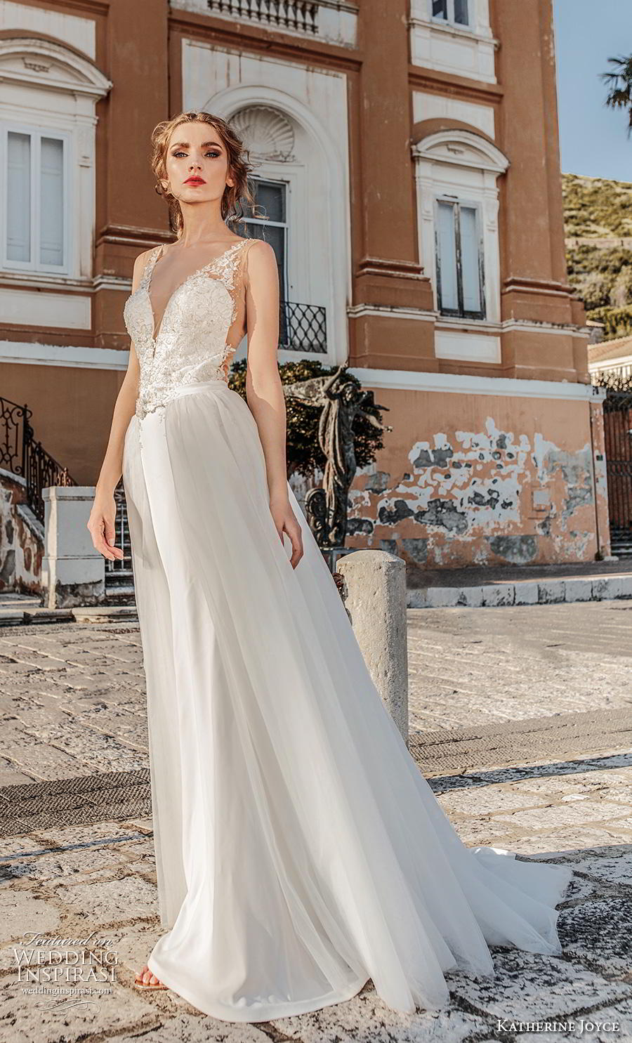 katherine joyce 2019 bridal sleeveless deep plunging v neck heavily embellished bodice elegant a  line wedding dress v back medium train (4) mv