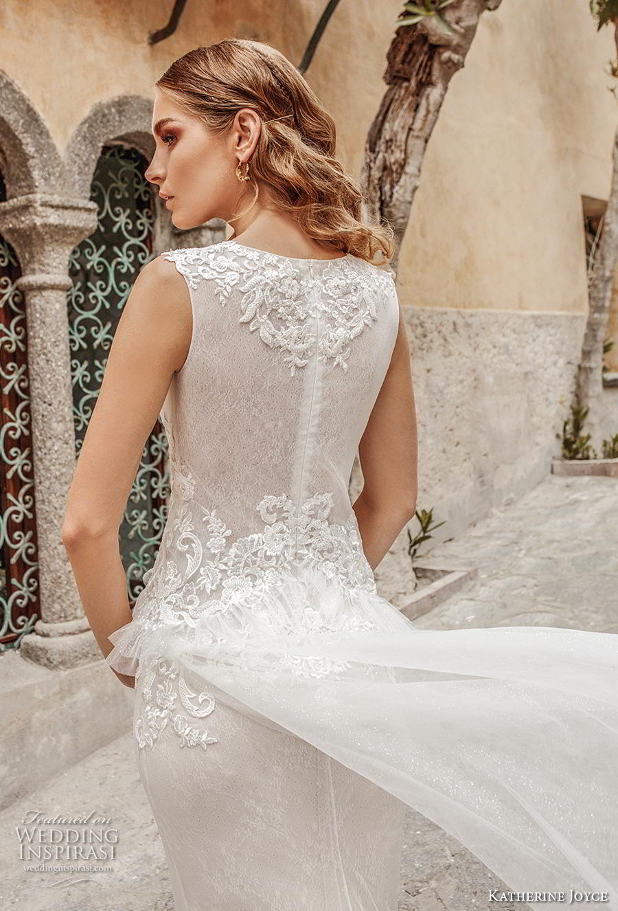 katherine joyce 2019 bridal sleeveless deep plunging v neck heavily embellished bodice peplum romantic sheath wedding dress covered back chapel train (5) zbv