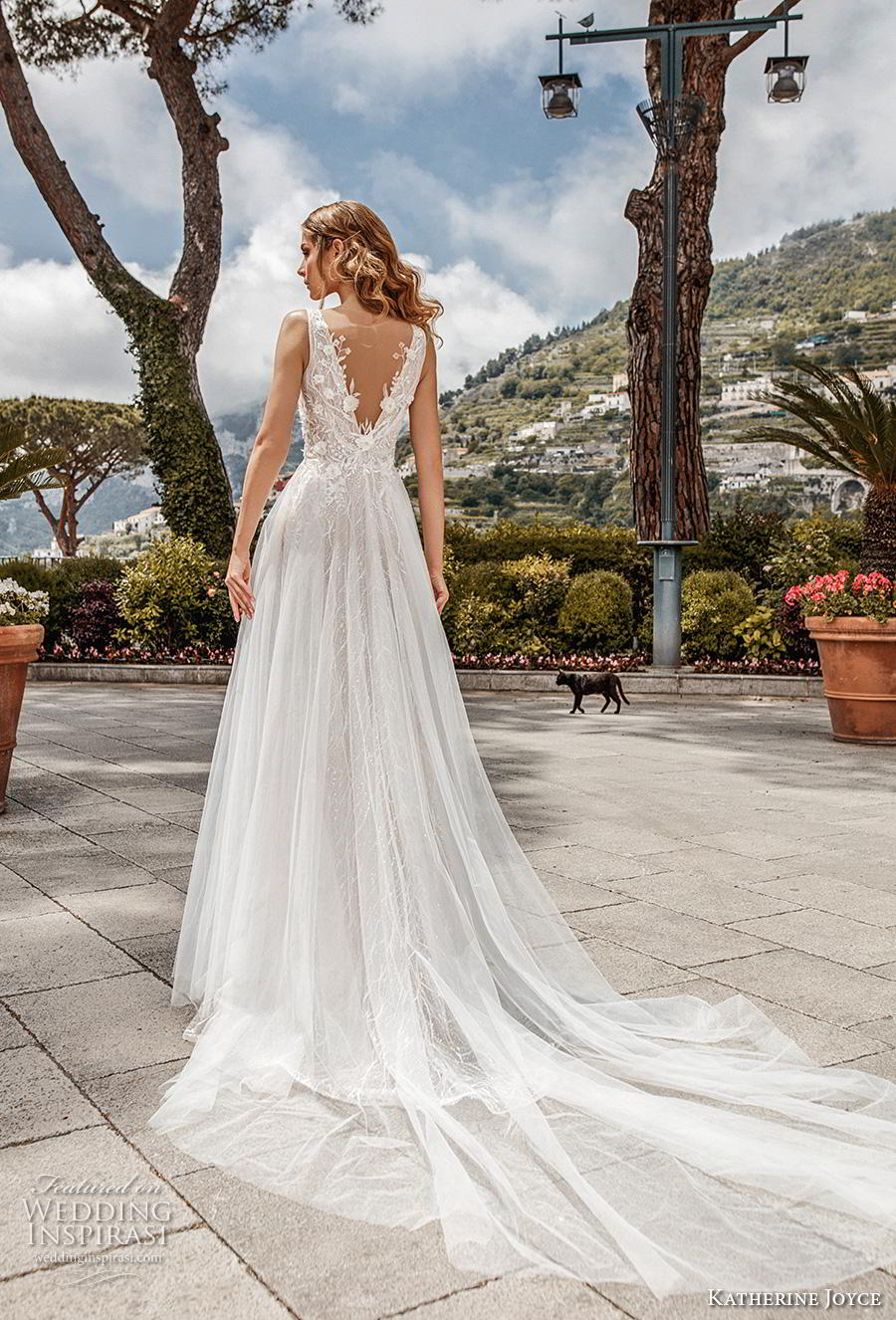 katherine joyce 2019 bridal sleeveless deep v neck heavily embellished bodice tulle skirt romantic a  line wedding dress v back chapel train (3) bv