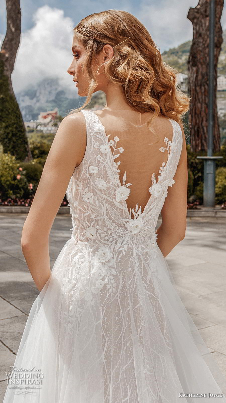 katherine joyce 2019 bridal sleeveless deep v neck heavily embellished bodice tulle skirt romantic a  line wedding dress v back chapel train (3) zbv