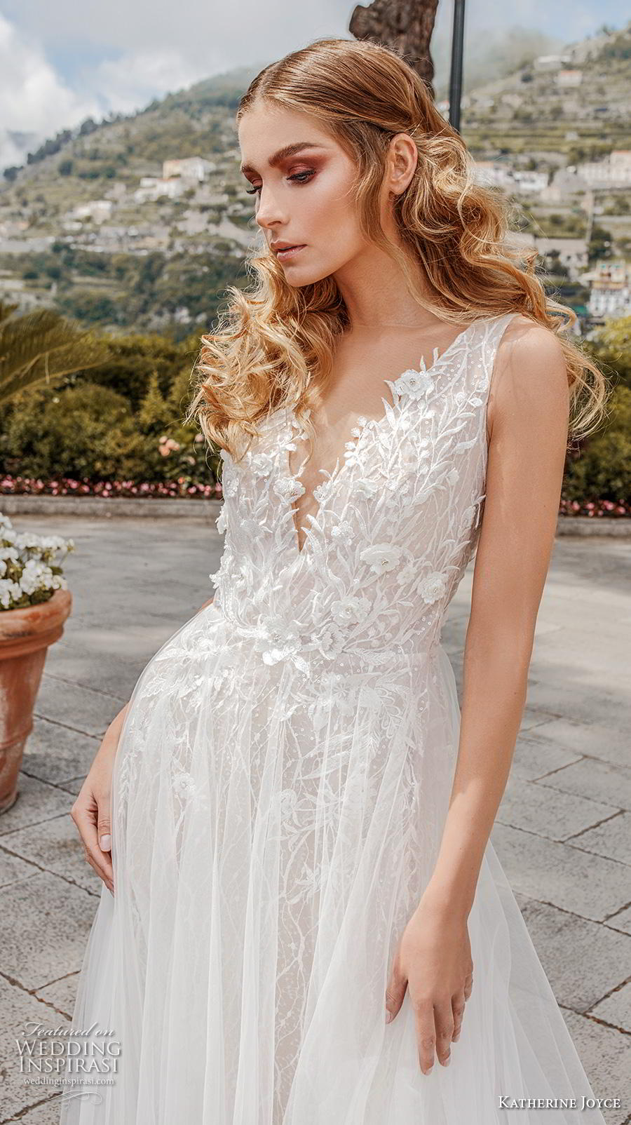 katherine joyce 2019 bridal sleeveless deep v neck heavily embellished bodice tulle skirt romantic a  line wedding dress v back chapel train (3) zv