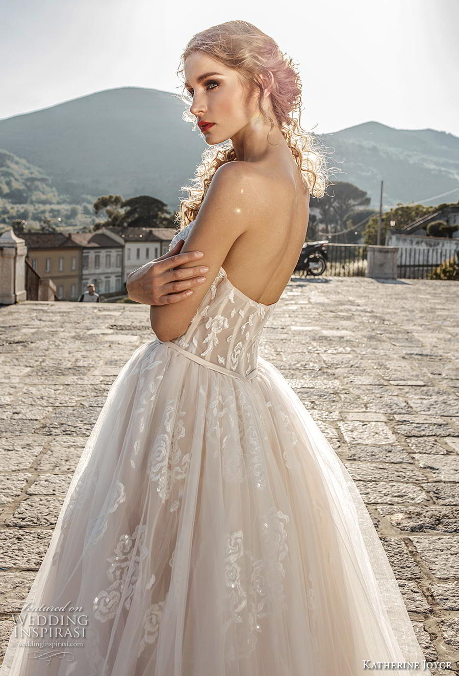 katherine joyce 2019 bridal strapless sweetheart neckline heavily embellished bodice romantic blush a  line wedding dress mid back chapel train (2) zbv