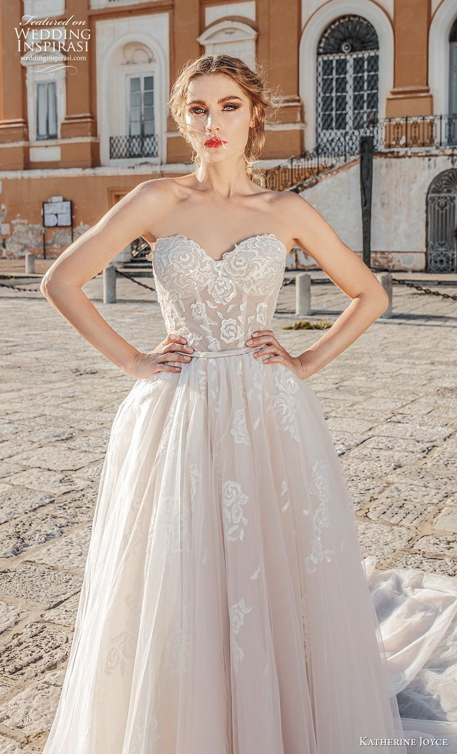 katherine joyce 2019 bridal strapless sweetheart neckline heavily embellished bodice romantic blush a  line wedding dress mid back chapel train (2) zv