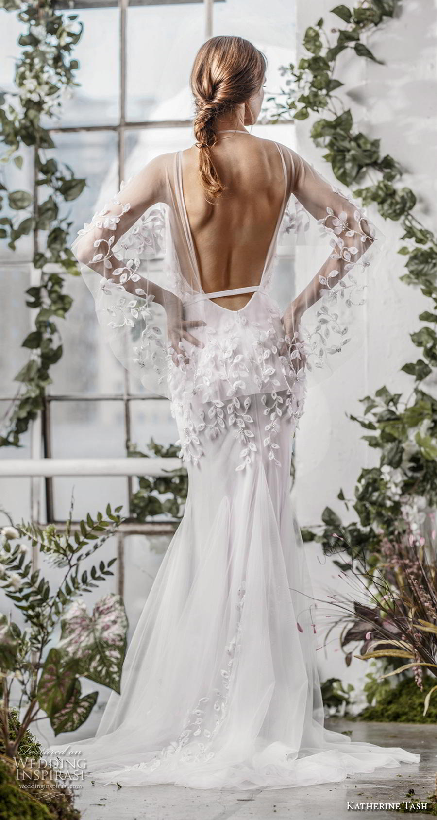 katherine tash fall 2019 bridal half kimino sleeves deep v neck heavily embellished bodice sexy fit and flare wedding dress backless sweep train (1) bv 