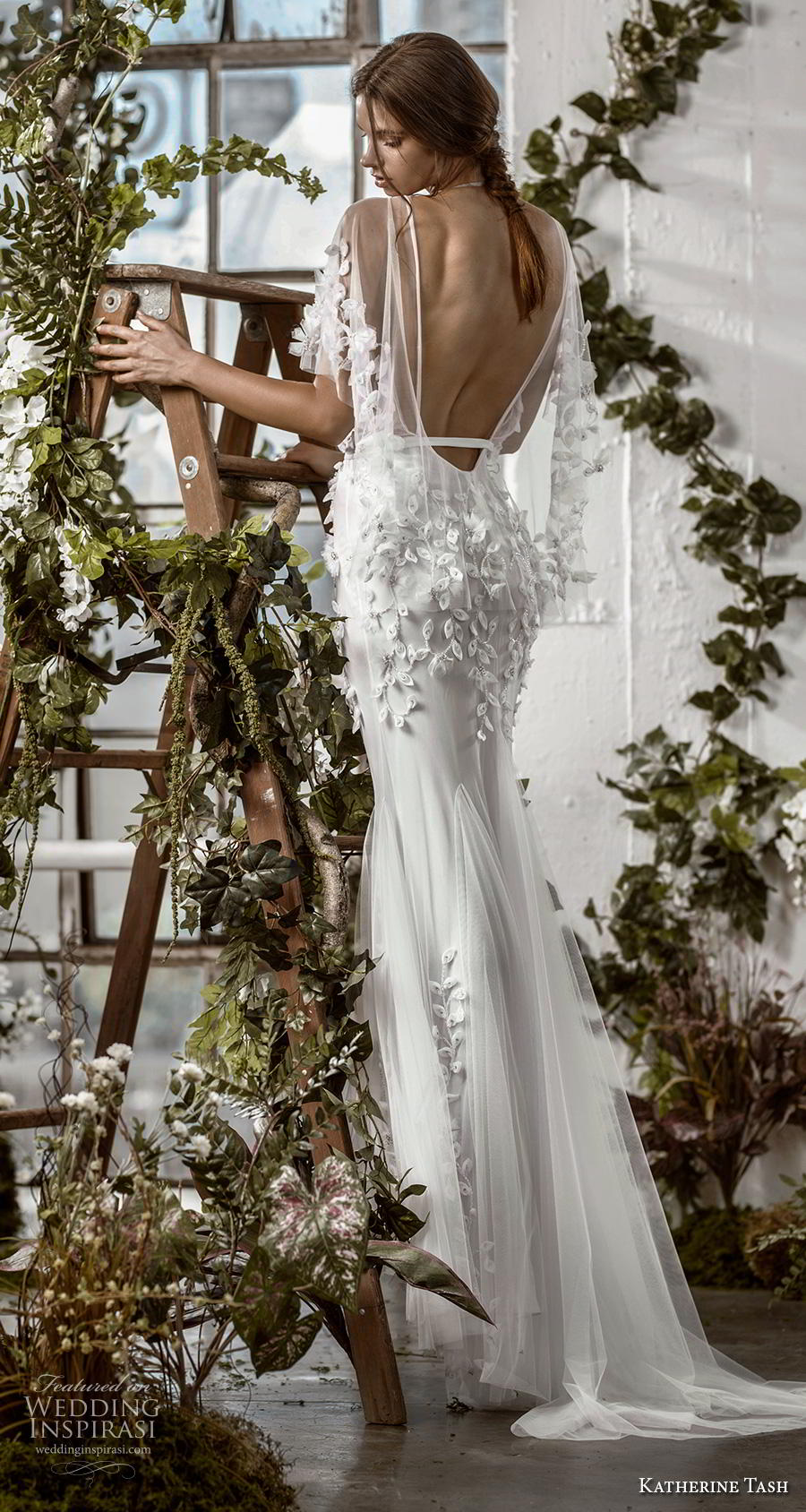 katherine tash fall 2019 bridal half kimino sleeves deep v neck heavily embellished bodice sexy fit and flare wedding dress backless sweep train (1) bv