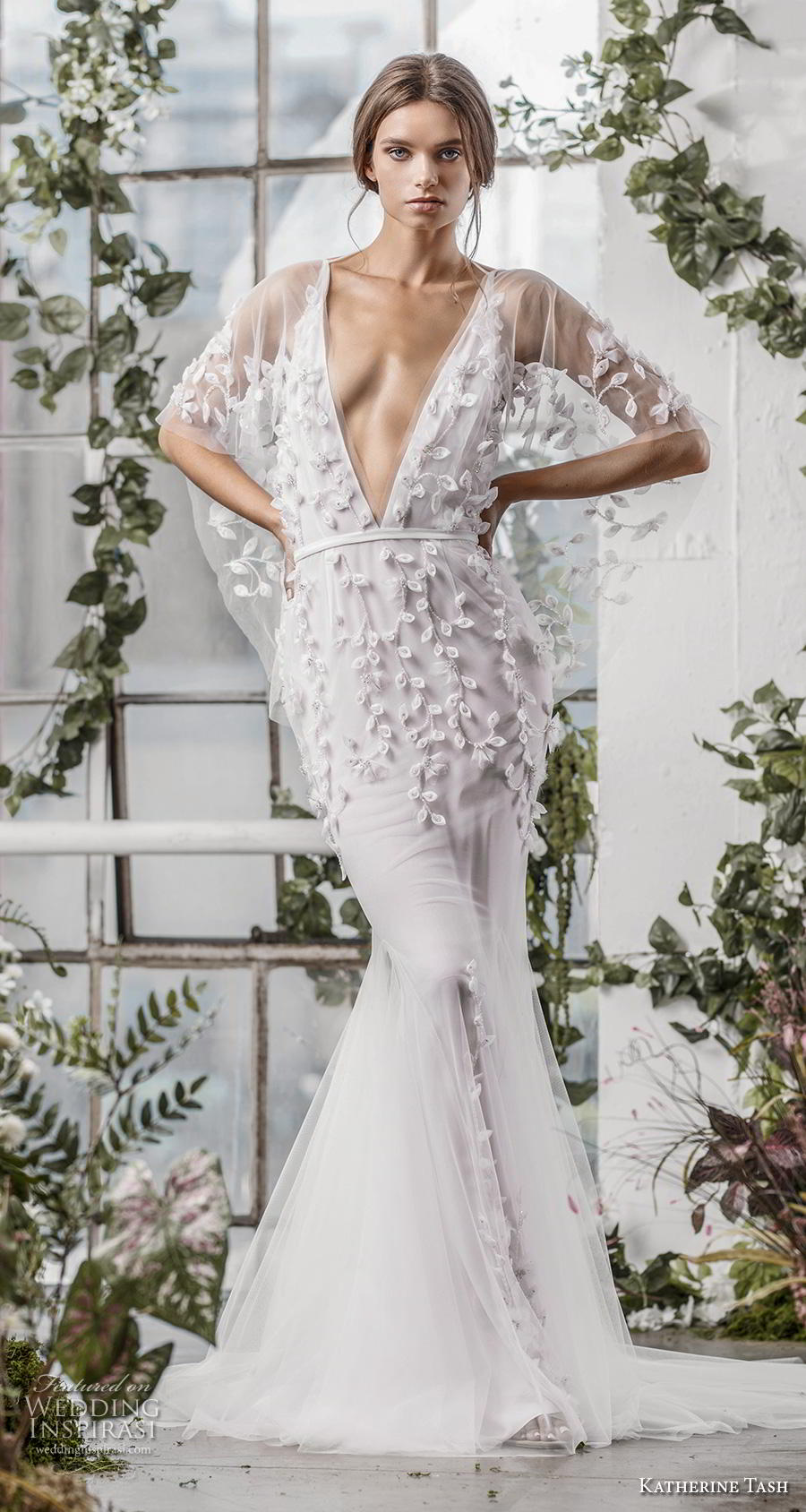 katherine tash fall 2019 bridal half kimino sleeves deep v neck heavily embellished bodice sexy fit and flare wedding dress backless sweep train (1) mv