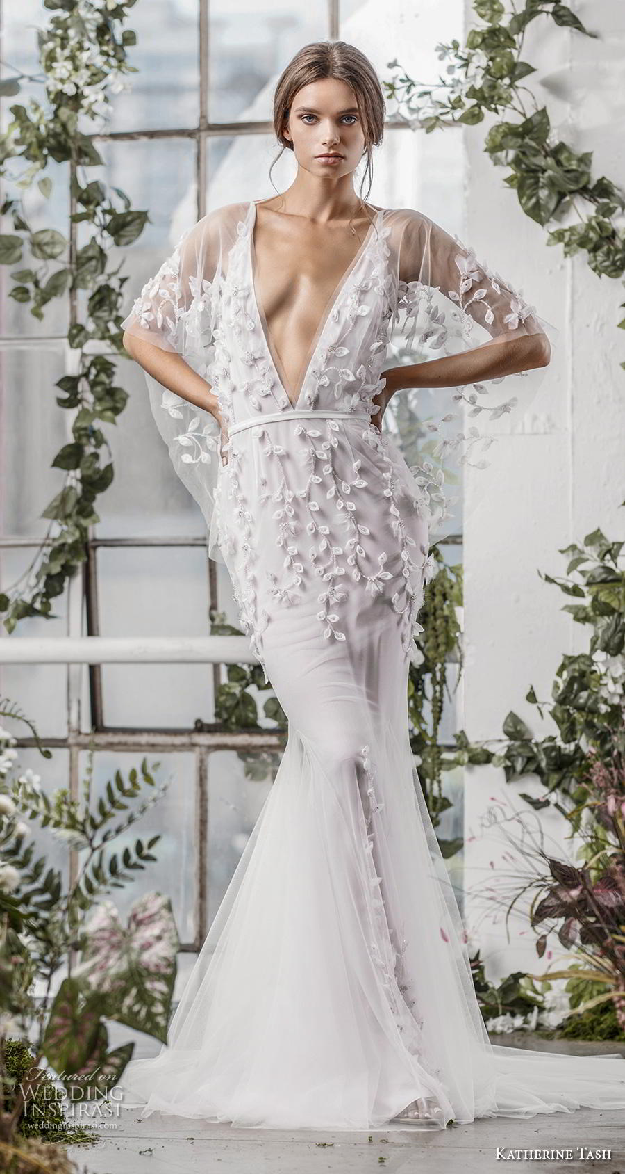 katherine tash fall 2019 bridal half kimino sleeves deep v neck heavily embellished bodice sexy fit and flare wedding dress backless sweep train (1) mv katherine tash fall 2019 bridal half kimino sleeves deep v neck heavily embellished bodice sexy fit and flare wedding dress backless sweep train (1) mv