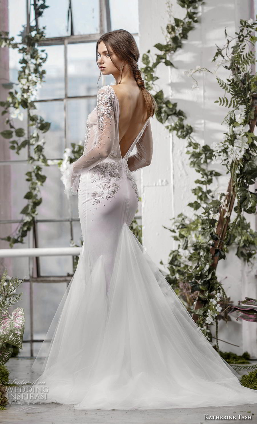 katherine tash fall 2019 bridal long poet sleeves bateau neckline heavily embellished sheer bodice elegant mermaid wedding dress backless v back medium train (5) bv