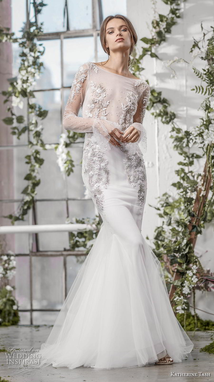 katherine tash fall 2019 bridal long poet sleeves bateau neckline heavily embellished sheer bodice elegant mermaid wedding dress backless v back medium train (5) mv