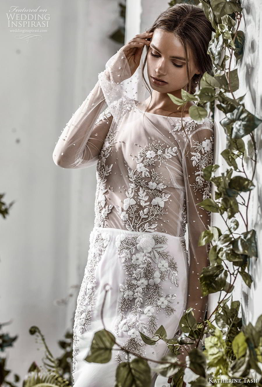 katherine tash fall 2019 bridal long poet sleeves bateau neckline heavily embellished sheer bodice elegant mermaid wedding dress backless v back medium train (5) zv katherine tash fall 2019 bridal long poet sleeves bateau neckline heavily embellished sheer bodice elegant mermaid wedding dress backless v back medium train (5) zv