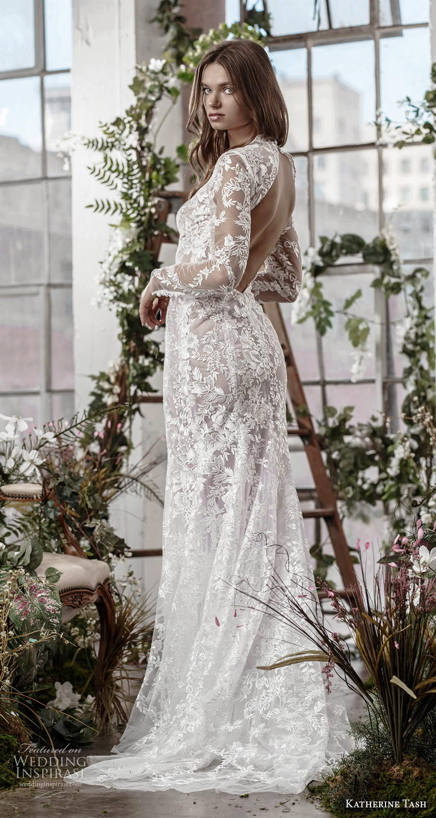 katherine tash fall 2019 bridal long sleeves deep plunging v neck full embellishment slit skirt sexy elegant fit and flare sheath wedding dress keyhole back medium train (10) bv