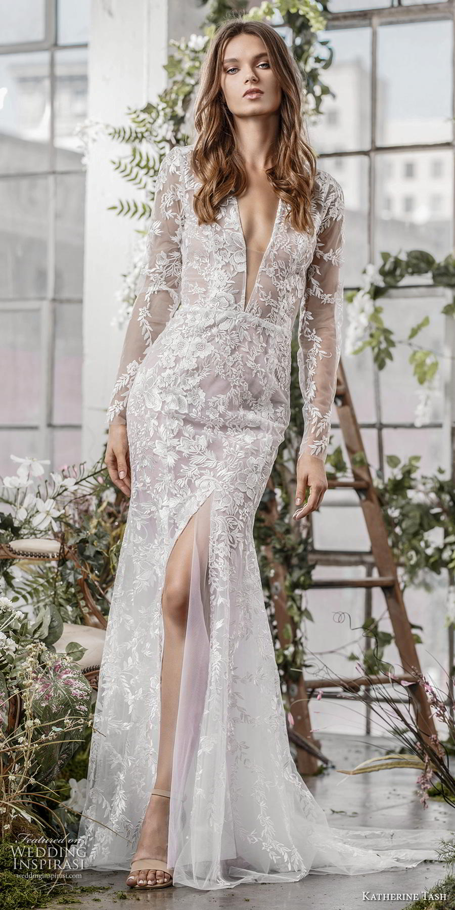 katherine tash fall 2019 bridal long sleeves deep plunging v neck full embellishment slit skirt sexy elegant fit and flare sheath wedding dress keyhole back medium train (10) lv