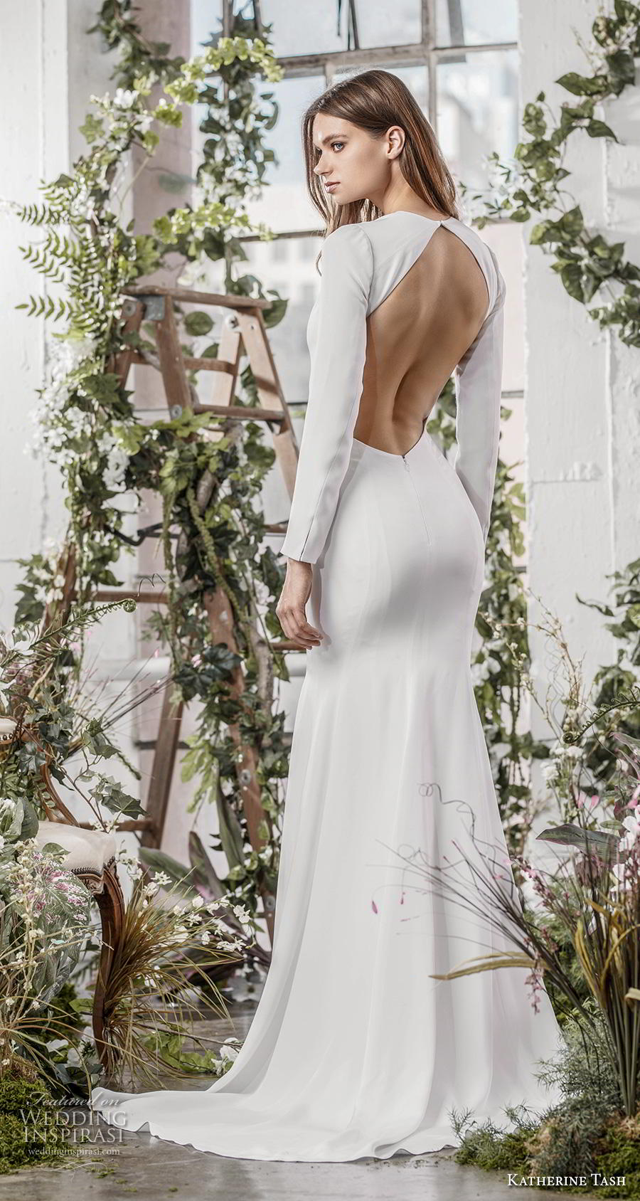 katherine tash fall 2019 bridal long sleeves deep plunging v neck simple clean minimalist elegant sheath wedding dress low keyhole back sweep train (4) bv