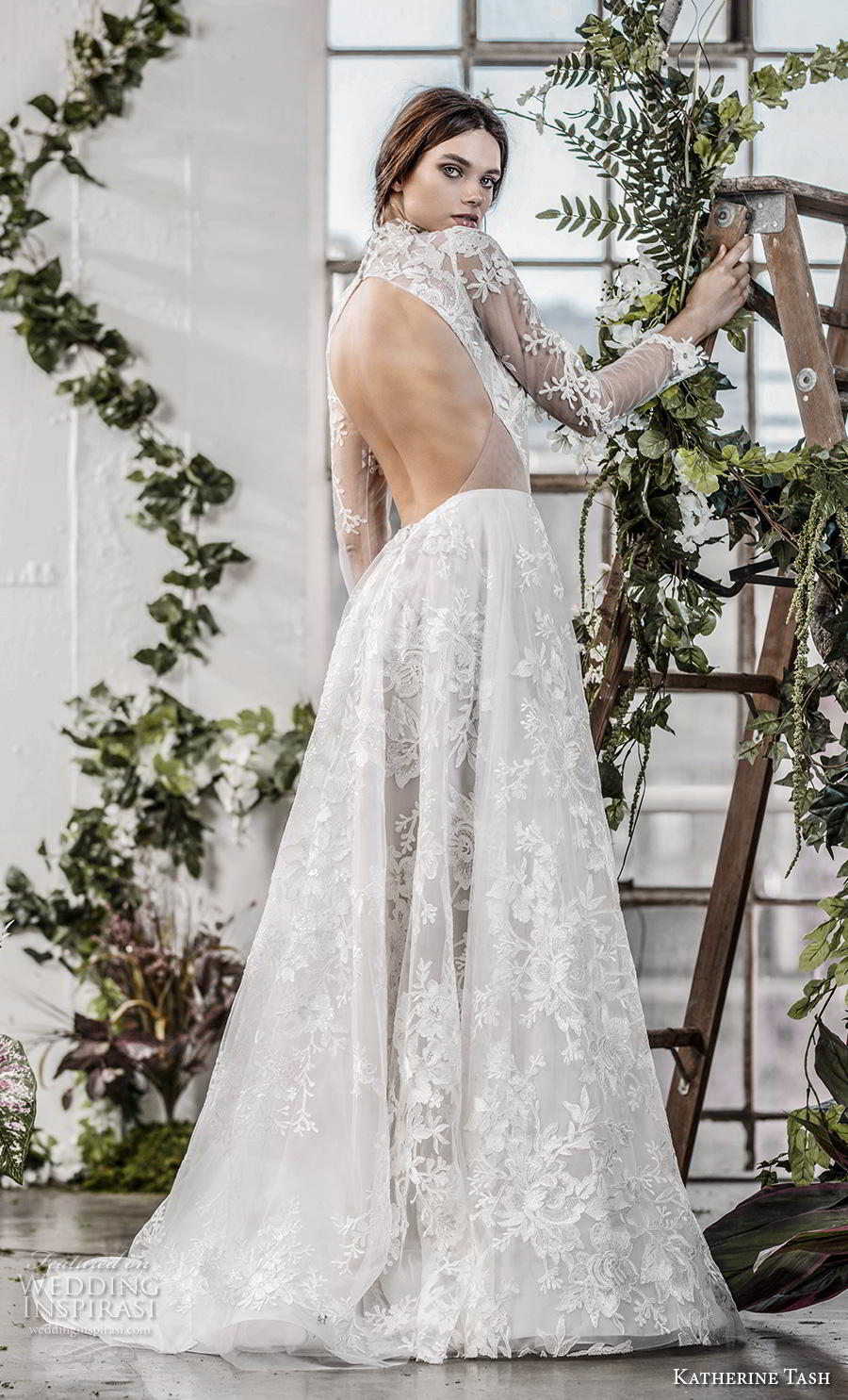 katherine tash fall 2019 bridal long sleeves high neck full embellishment romantic princess a  line wedding dress keyhole back sweep train (11) bv