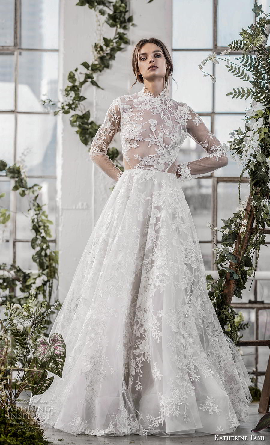 katherine tash fall 2019 bridal long sleeves high neck full embellishment romantic princess a  line wedding dress keyhole back sweep train (11) mv